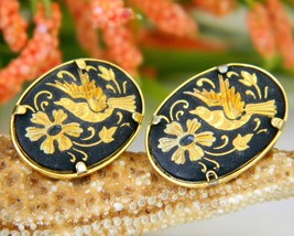 Damascene Bird In Flight Flower Earrings Etched Spain Spanish Pierced - $19.95