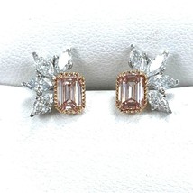 1.84 TCW Emerald Cut Lab Grown Pink Diamond Floral Stud Earrings 14k White Gold - £1,326.39 GBP