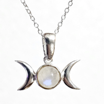 Triple Moon Necklace Pendant Small Moonstone Gemstone 925 Silver 18&quot; Chain Boxed - £22.95 GBP