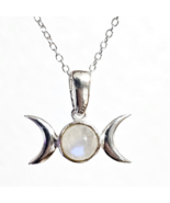 Triple Moon Necklace Pendant Small Moonstone Gemstone 925 Silver 18&quot; Cha... - £22.74 GBP
