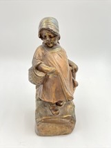 Antique Farmerette Bronze Clad Cold Painted Little Girl Basket Bookend OC23 (1) - $46.44