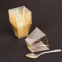 24 Clear 2 Oz Gold Glittered Square Plastic Dessert Cups Spoons Set Party Events - £11.79 GBP