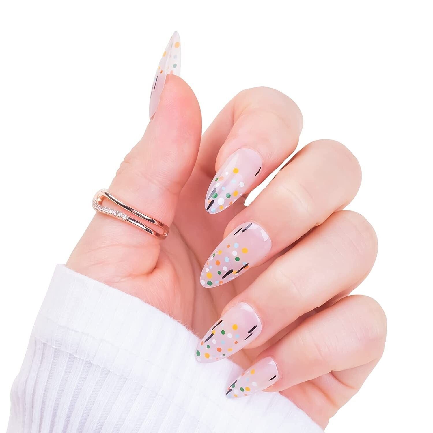 Almond Press on Nails Medium, Rainbow Jelly Soft Gel Fake Nails for Women 24ct
