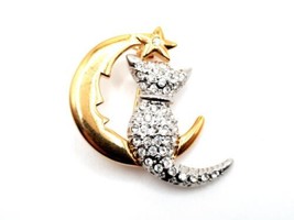 Vintage 1970&#39;s Gold Silver Tone Cat Kitten Moon Star Brooch Pave&#39; Rhines... - £23.97 GBP