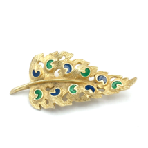 FLORENZA vintage pierced leaf brooch - big 2.75&quot; gold-tone blue green enamel pin - £24.05 GBP