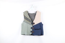 Vtg 70s Streetwear Womens M Wool Knit Patchwork Toggle Button Sweater Vest USA - £46.70 GBP