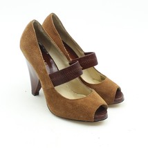 Michael Michael Kors MK Espresso Brown Suede Leather Peep Toe Heels Sz 6 - $32.66