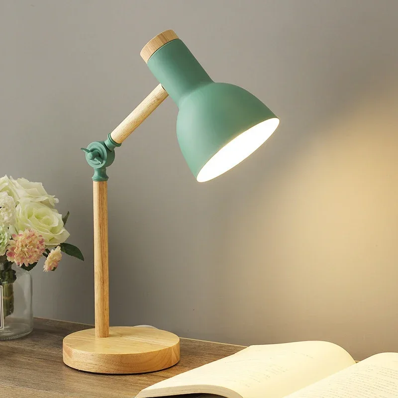 Ive nordic table lamp wooden art led turn head simple bedside desk light eye protection thumb200