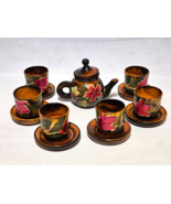 Antique TREE WOOD Hand Carved &amp; Hand Painted Mini Teapot With 6 Cups And... - $84.12