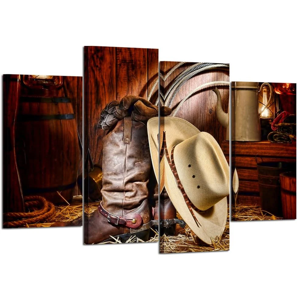 No Framed 4 Pcs West Rodeo boy White Straw Hat Rancher Roper Boots Wall Art Canv - £61.62 GBP