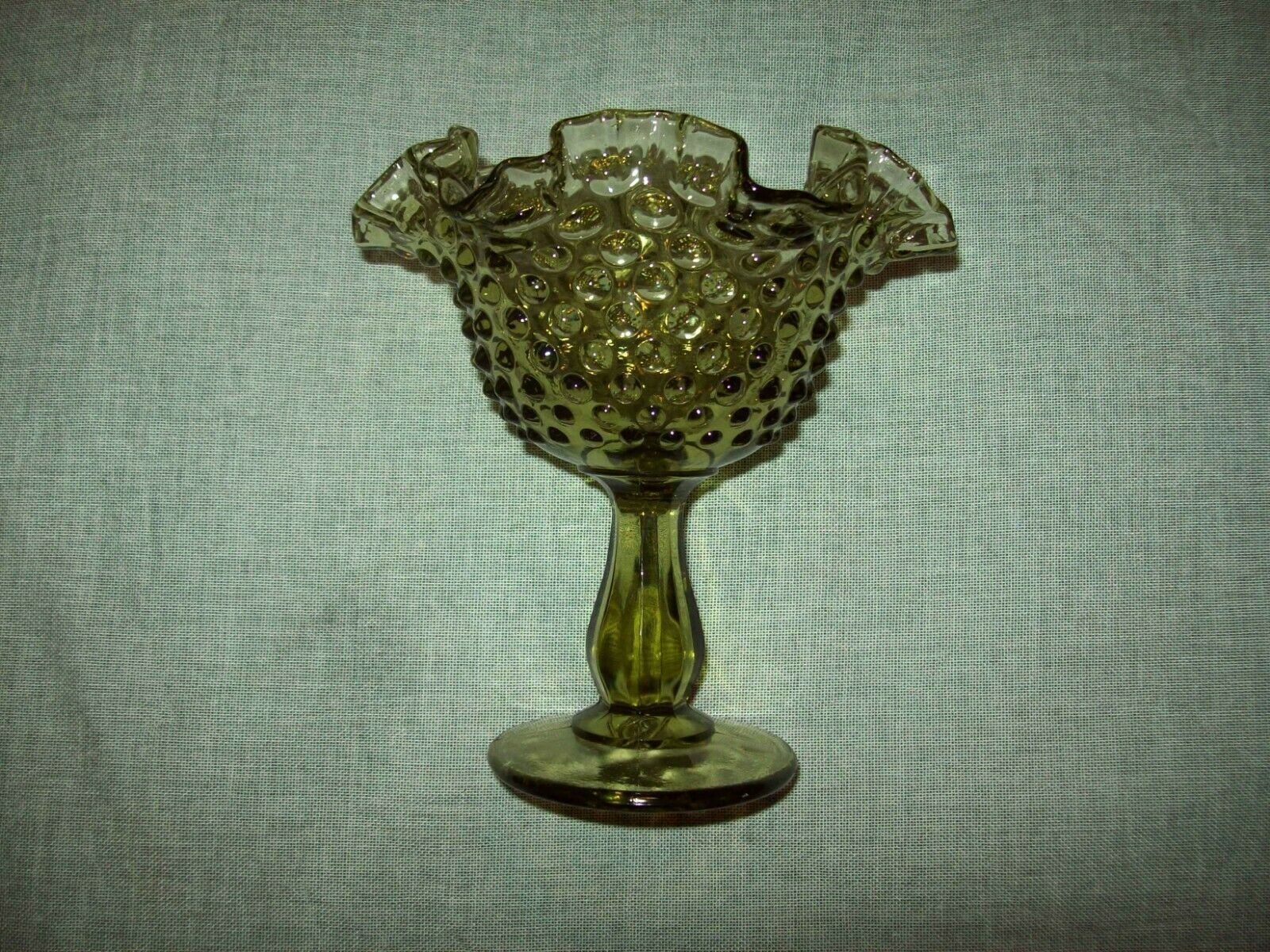 Fenton Green Hobnail Glass Footed Compote 6 Inches Tall Ruffle Edge Vint... - $10.00