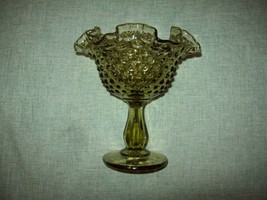 Fenton Green Hobnail Glass Footed Compote 6 Inches Tall Ruffle Edge Vintage EC - £7.99 GBP