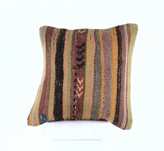 Kilim Pillow Cover 16x16 Anatolian Traditonal Wool Boho Sofa Lumbar Cushion A609 - £9.65 GBP