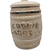 Cream Gold Cookie Barrel Jar Canister Ceramic USA 60s 70s MCM Whiskey Barrel Vtg - £10.27 GBP