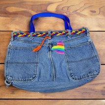 Blue Jean Denim Purse Upcycled Handmade Bag Rainbow Heart Distress Boho ... - $12.08