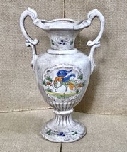 Hand Painted Bird Floral Brushed Urn Style Vase w Handles Shabby Cottagecore - £31.64 GBP