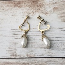 Vintage Screw On Earrings - Gold Tone with Elongated Faux Pearl - £9.47 GBP