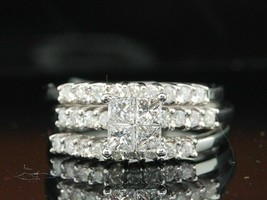 Diamond 3 pcs Wedding Bridal Set 14K White Gold Fn Princess Cut Engagement Ring - £106.09 GBP