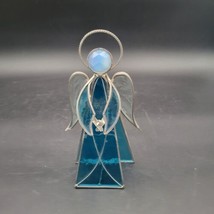 Blue Stained Glass Angel Figurine Patterned Clear Wings Prism Glass Head... - $17.81