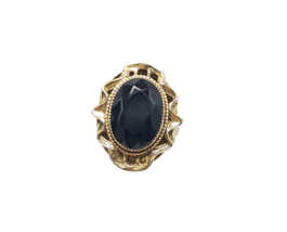 Whiting &amp; Davis Faceted Black Oval Crystal Ring Zigzag Trim Gold Tone Vintage - $26.72