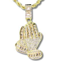 Praying Hands Cubic Zirconia Pendant 14k Gold Plated 24&quot; Rope Hip Hop Necklace - £7.46 GBP