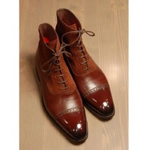 New Handmade Long Boot Brown Color Cap Toe Upper Suede Leather Boots for Men - £118.61 GBP