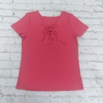 Arizona Top Womens Juniors Large Pink Ribbed Short Sleeve Lace Up Neck Y2K - £14.11 GBP
