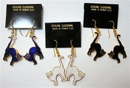Cloisonne Cat Gold Tone Earrings (1 pair) Vintage 1980&#39;s BLUE or RED ONLY - $5.94