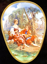 Porcelain Painted Plaque 19th c. Couple Outdoors in Nice Shadow Box Frame #1 - £49.43 GBP