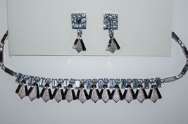 Vintage Silvertone Light Blue Baguette Crystal Necklace &amp; Earrings  J359 - £30.02 GBP