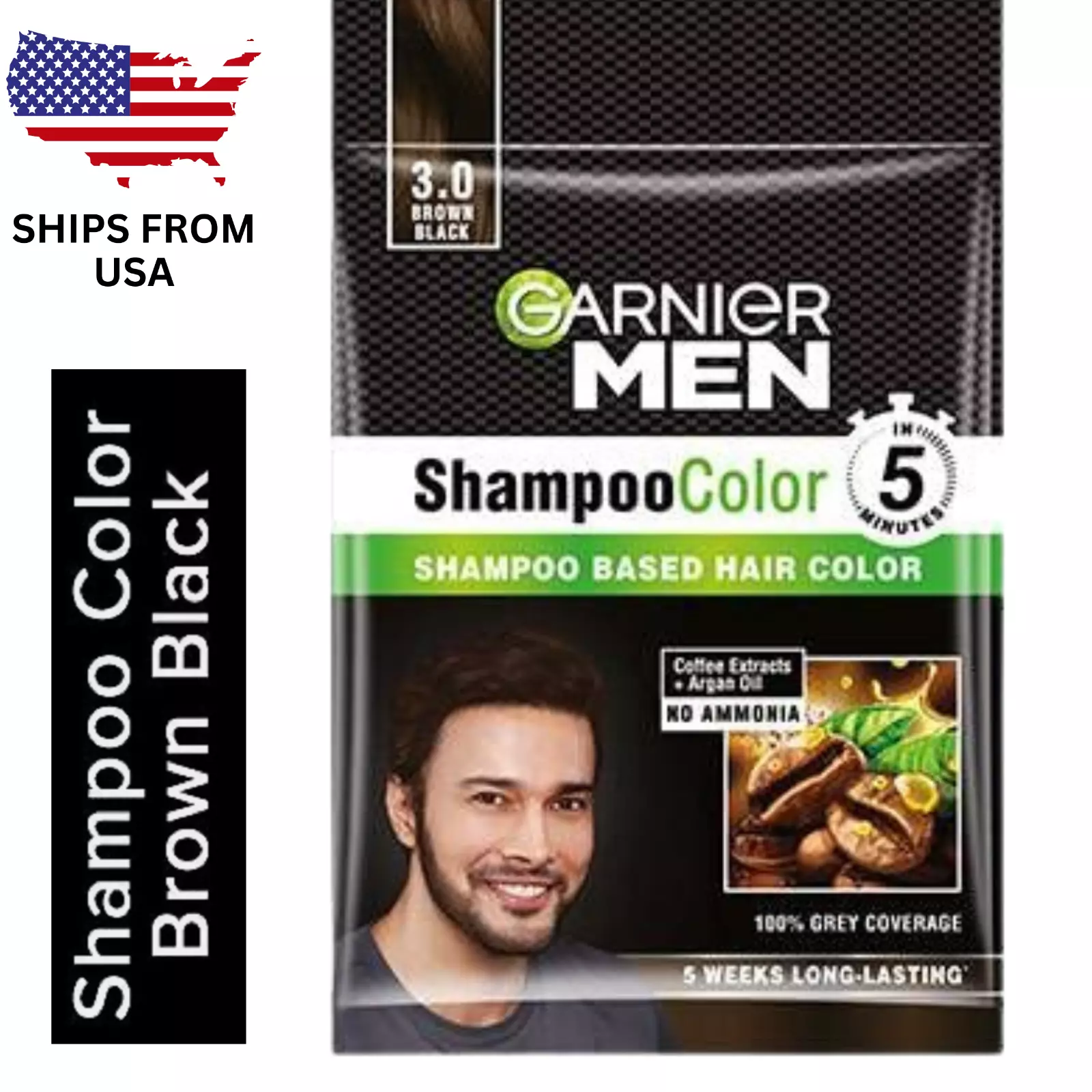 5 X Garnier Men Shampoo Hair Color Shade 3.0 Brown Black 10ml+10ml (USA ... - $14.99