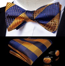 Self-Tie Bowtie, Hanky, &amp; Cufflinks: Blue &amp; Gold Stripe - £15.68 GBP