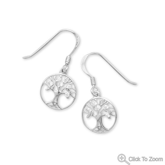 Sterling Silver French Wire Earrings with CZ Accented Tree of Life Drop - $25.99