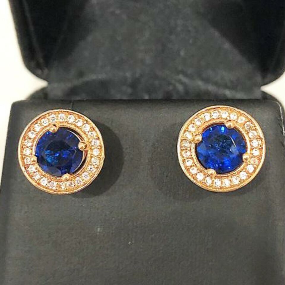 Primary image for 2 Ct Simulated Blue Sapphire 14K Yellow Gold Plated Silver Halo Stud Earrings