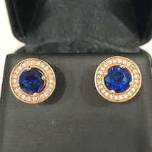 2 Ct Simulated Blue Sapphire 14K Yellow Gold Plated Silver Halo Stud Earrings - £36.93 GBP