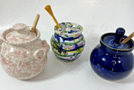 3 Vintage Studio Pottery Honey Pot Sugar Bowl Lid Glazed Wooden Dipper Signed - £21.97 GBP