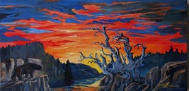 Blue Tree Landscape Sunset Bear Surreal Original Oil Painting By Irene Livermore - £430.28 GBP