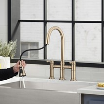 Double Handle Bridge Kitchen Faucet With Pull-Down Spray Head - £131.88 GBP