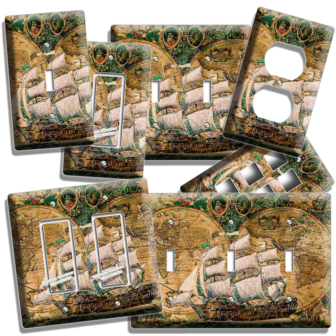 OLD WORLD MAP RUSTIC SAIL BOAT SHIP LIGHT SWITCH OUTLET WALL PLATES PIRATE DECOR