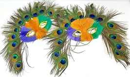 Warrior Peacock Mardi Gras Masks Purple Green and Gold Set Of 2 Halloween - $15.88