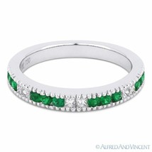 0.44ct Round Cut Emerald &amp; Princess Cut Diamond Band 18k White Gold Wedding Ring - £1,191.92 GBP