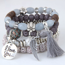 Boho Bohemian Bracelets women lava stone wings heart charm bracelet pendant bead - £11.51 GBP