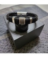 Men's Woven Leather Bracelet with Silver Accents and Magnetic Clasp - $31.42