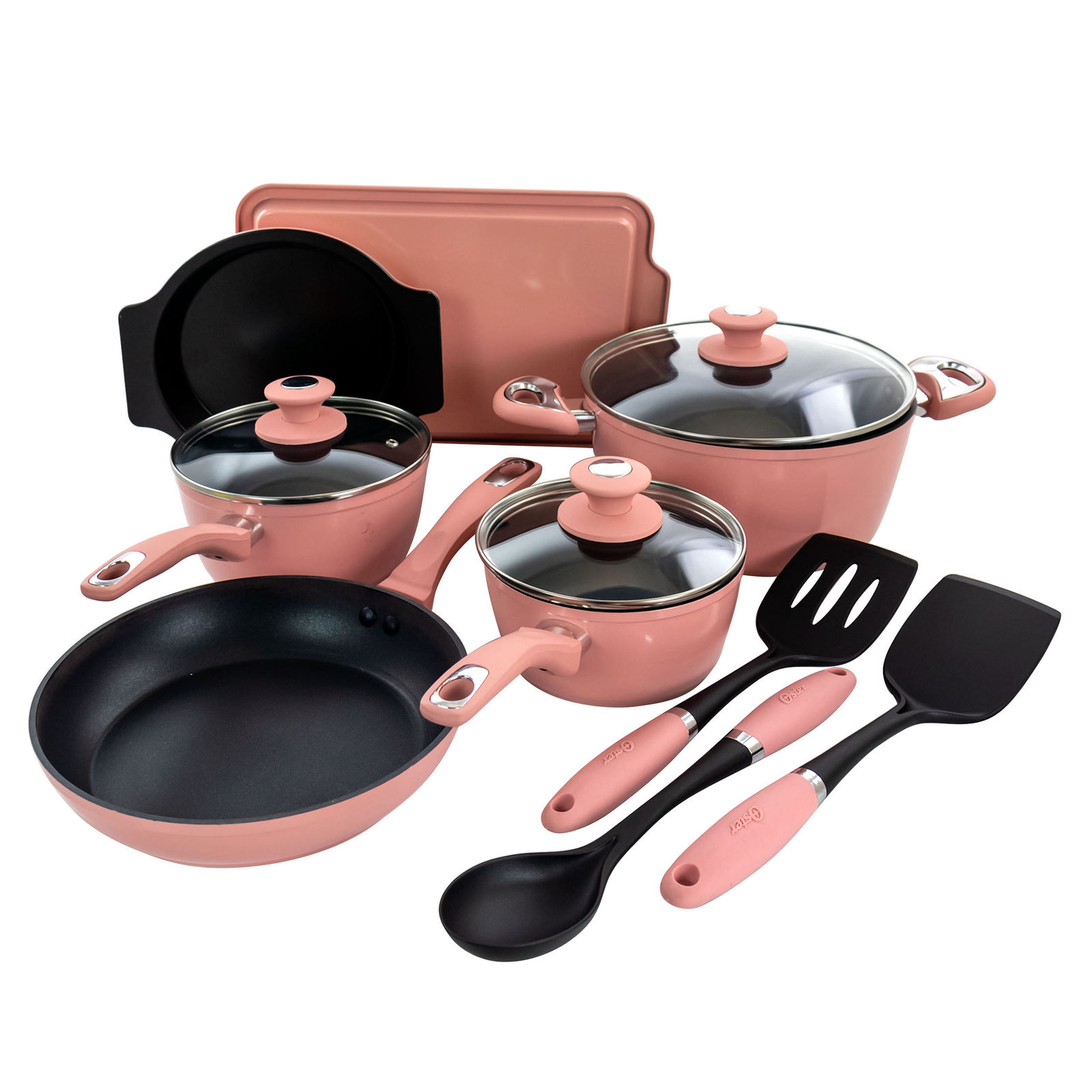 Oster Lynhurst 12 Piece Nonstick Aluminum Cookware Set in Pink with Kitchen Too - $145.17