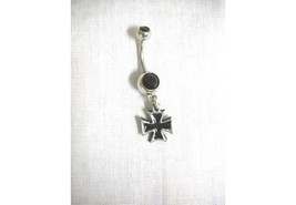 Pewter Maltese Iron Cross Charm W Black Inlay Black Cz 14g Belly Ring Barbell - £6.25 GBP