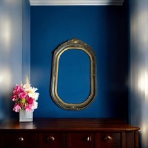 Vtg Oval Gold Navy Blue Marbled Trim Wood Frame Ornate Laminate Overlay 12x20 - $40.00