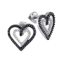 Sterling Silver Womens Black Color Enhanced Diamond Double Heart Stud Earrings - £39.28 GBP