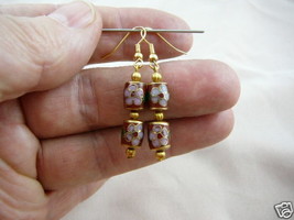 (EE604-20) Brown with pink flower 2 CLOISONNE beads dangle drum EARRINGS - £14.18 GBP