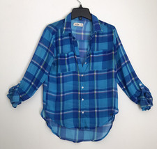 Women&#39;s Juniors Blue Plaid Beach Boho Hollister Sheer Roll Sleeve Shirt ... - £7.47 GBP