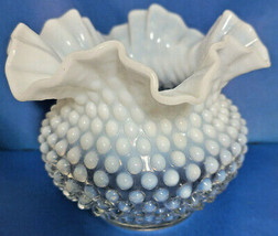 Fenton White Opalescent Ruffled Hobnail 5&quot; tall Art Glass Vase  - £35.93 GBP